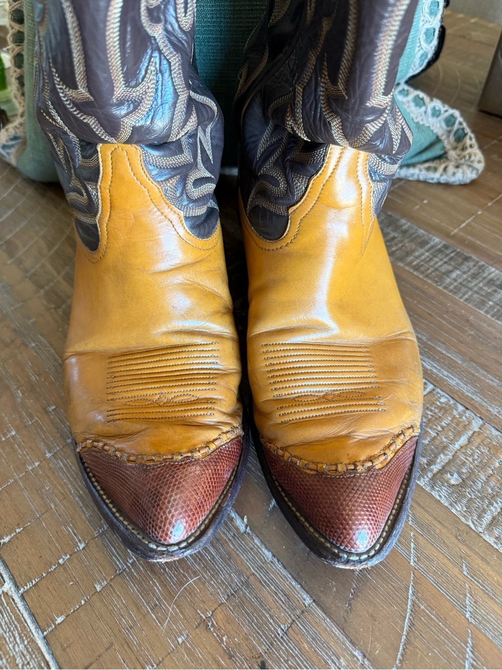 Vtg Tony Lama 6243 Lizard Wingtip Cowboy Boots Two-Tone Brown Men's 9 EE